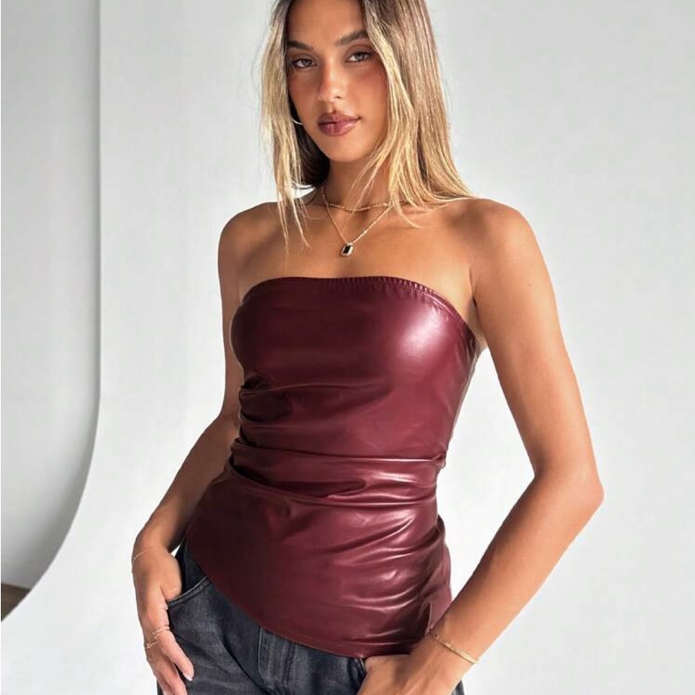 Burgundy Faux Leather Asymmetrical Strapless Top NEW 🏷️
